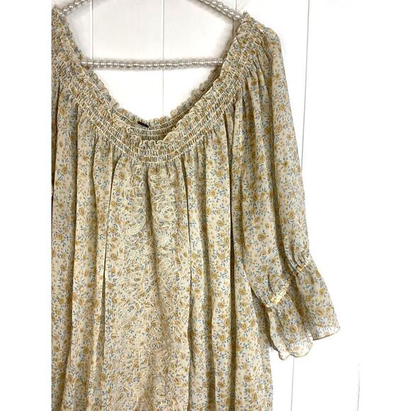 Free People Sheer Peasant Blouse in Yellow Floral Size Large - Picture 2 of 7